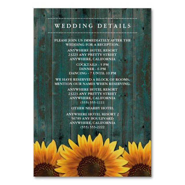 Hochzeitsempfang für Sonnenblumen + Unterkunftskar Tischnummer (Vorderseite)