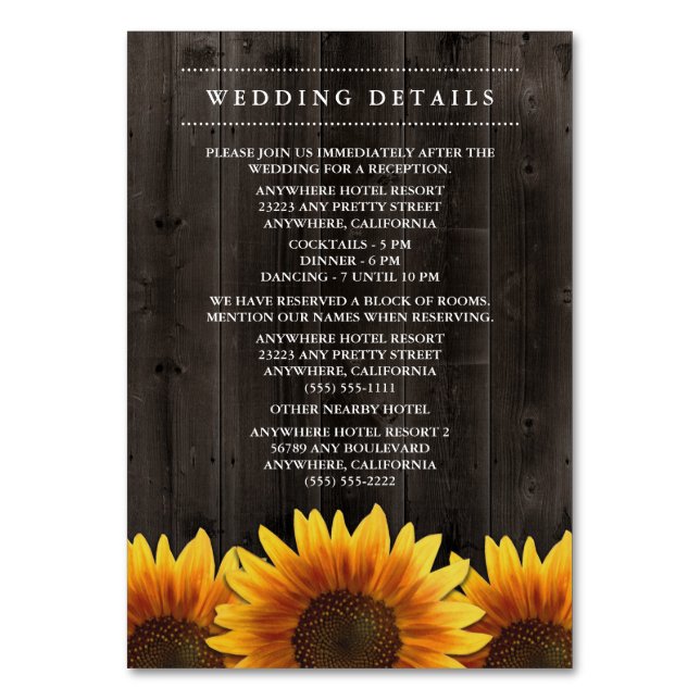 Hochzeitsempfang für Sonnenblumen + Unterkunftskar Tischnummer (Vorderseite)