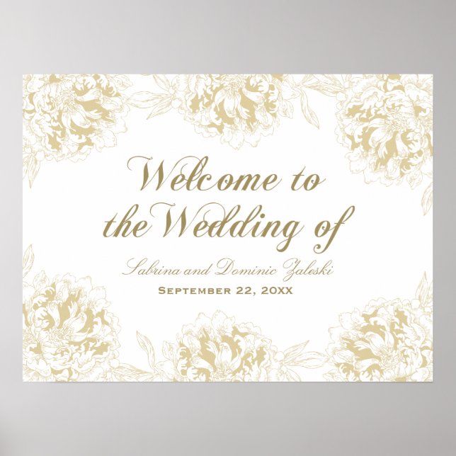 Hochzeitsempfang Gold Elegante Peony Floral Poster (Vorne)