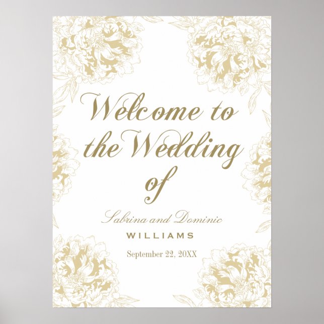 Hochzeitsempfang Gold Elegante Peony Floral Poster (Vorne)