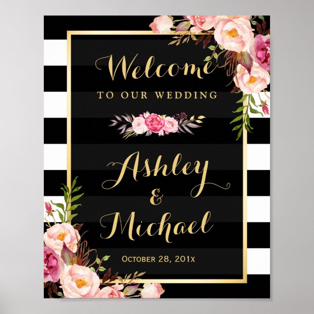 Hochzeitsempfang - Gold Vintage Streifen Poster (Vorne)