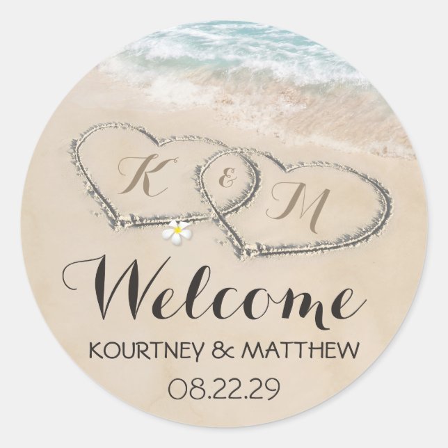 Hochzeitsempfang im tropischen Vintag Beach Heart  Runder Aufkleber (Vorderseite)