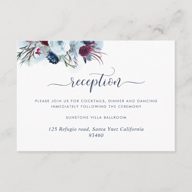 Hochzeitsempfang in Berry Blue und Burgund Begleitkarte (Vorderseite)