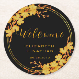Hochzeitsempfang in Black & Gold Floral Runder Pappuntersetzer