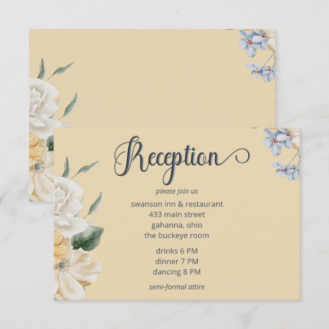 Hochzeitsempfang in Blau-Gelb und Weiß Begleitkarte (Vorne/Hinten)