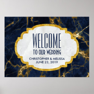 Hochzeitsempfang in Blau und Gold-Marmor Poster