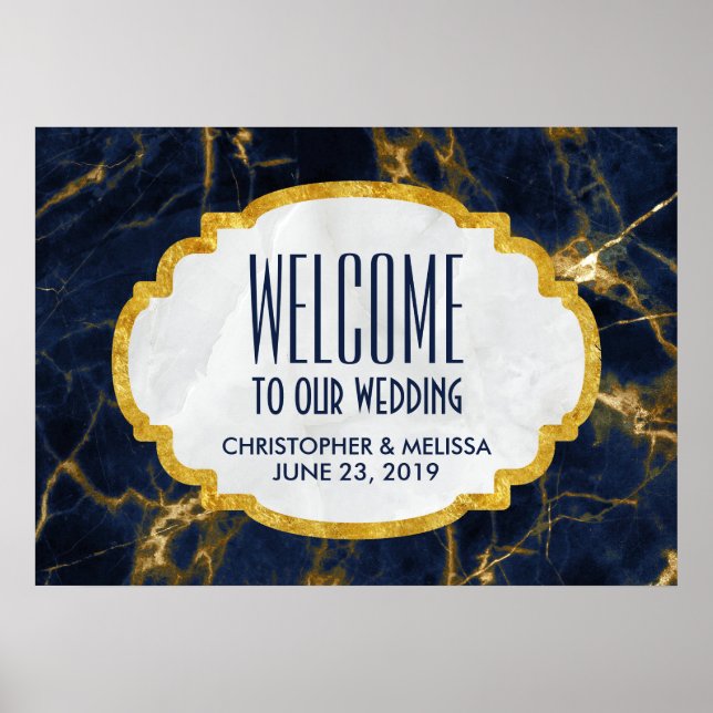 Hochzeitsempfang in Blau und Gold-Marmor Poster (Vorne)