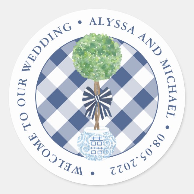 Hochzeitsempfang in Blau und Weiß Runder Aufkleber (Vorderseite)