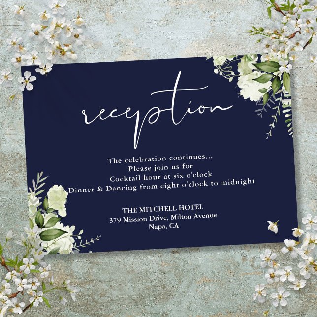 Hochzeitsempfang in Blauer Grünanlage Begleitkarte (Navy Blue Greenery Floral Wedding Reception Enclosure Card)