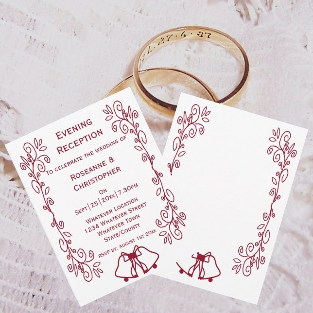Hochzeitsempfang in Burgund Bells Einladung (Burgundy wedding reception invitation bells and scrollwork design)