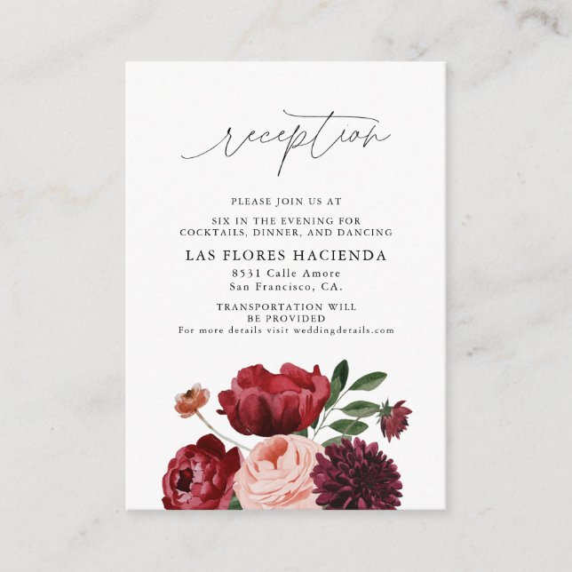 Hochzeitsempfang in Burgund und Blush Begleitkarte (Vorderseite)