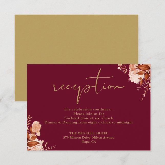 Hochzeitsempfang in Burgund und Gold Begleitkarte (Vorne/Hinten)
