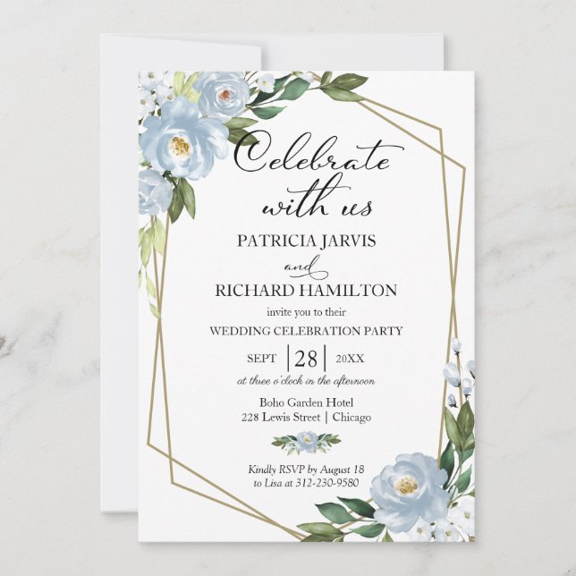 Hochzeitsempfang in Dusty Blue Floral Einladung (Vorderseite)