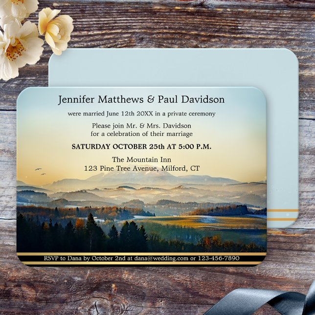 Hochzeitsempfang in Dusty Blue Gold bemalt Einladung (after wedding, wedding reception only,  or post wedding invitation featuring a painted mountain land)