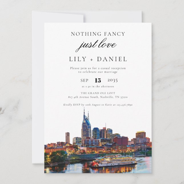Hochzeitsempfang in Nashville nach einer Elopement Einladung (Vorderseite)