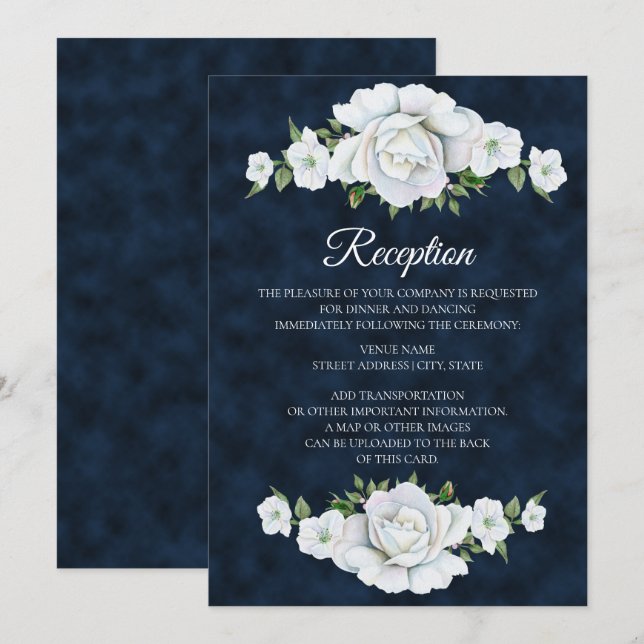 Hochzeitsempfang in Navy Blue mit White Floral Einladung (Vorne/Hinten)