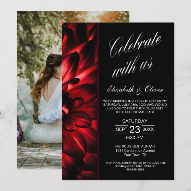 Hochzeitsempfang in Red Black Floral Foto Einladung (Vorne/Hinten)