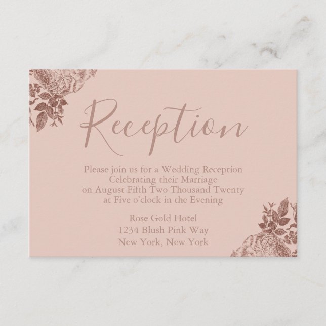 Hochzeitsempfang in Rose Gold und Rosa Begleitkarte (Vorderseite)