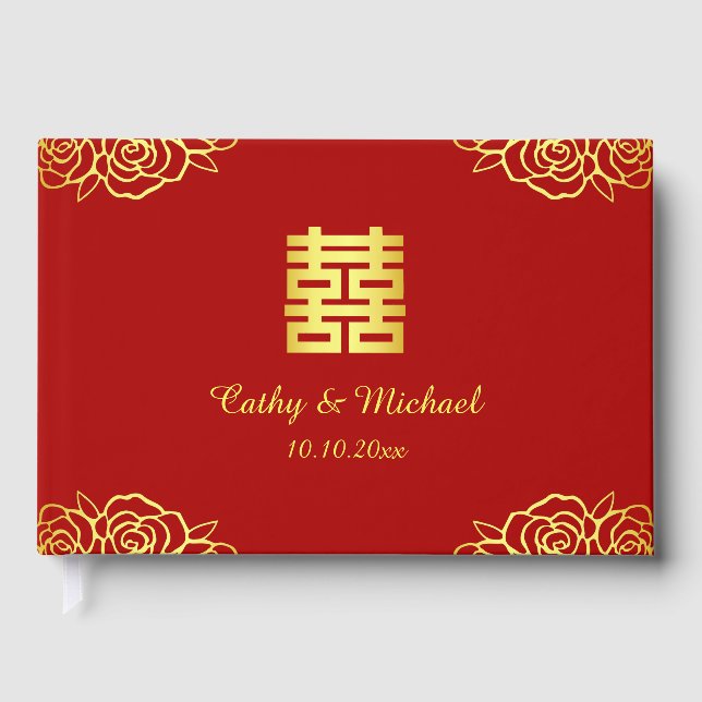 Hochzeitsempfang in Rot-Gold der Rose Gästebuch (Vorderseite)
