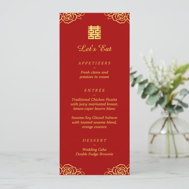 Hochzeitsempfang in Rot-Gold der Rose Menükarte (Stehend Vorderseite)