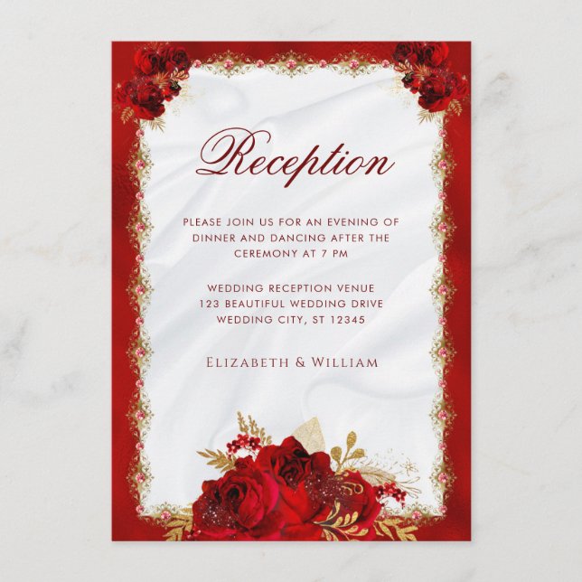 Hochzeitsempfang in Rot und Gold Begleitkarte (Vorderseite)