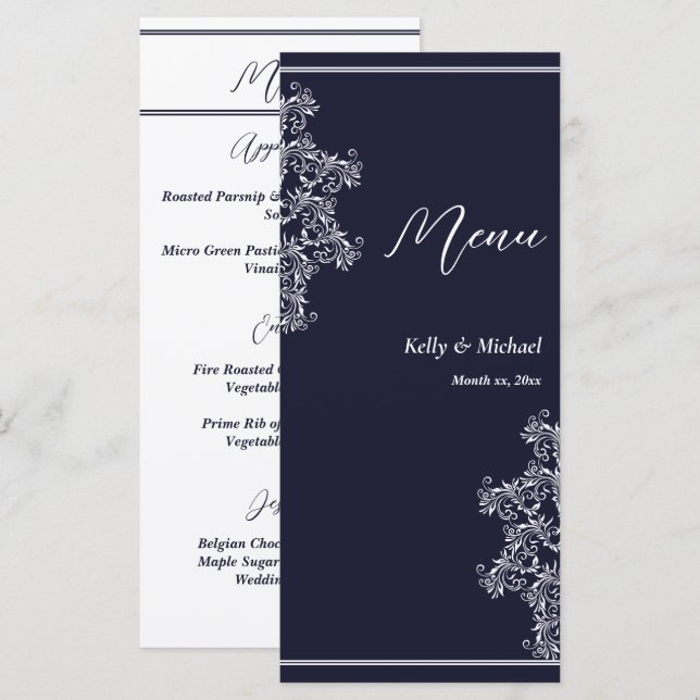 Hochzeitsempfang Marine und White Elegant Menükarte (Vorne/Hinten)