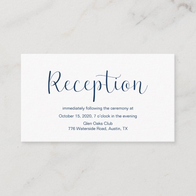 Hochzeitsempfang, Minimaldesign, Navy-Blue-Schrift Begleitkarte (Vorderseite)