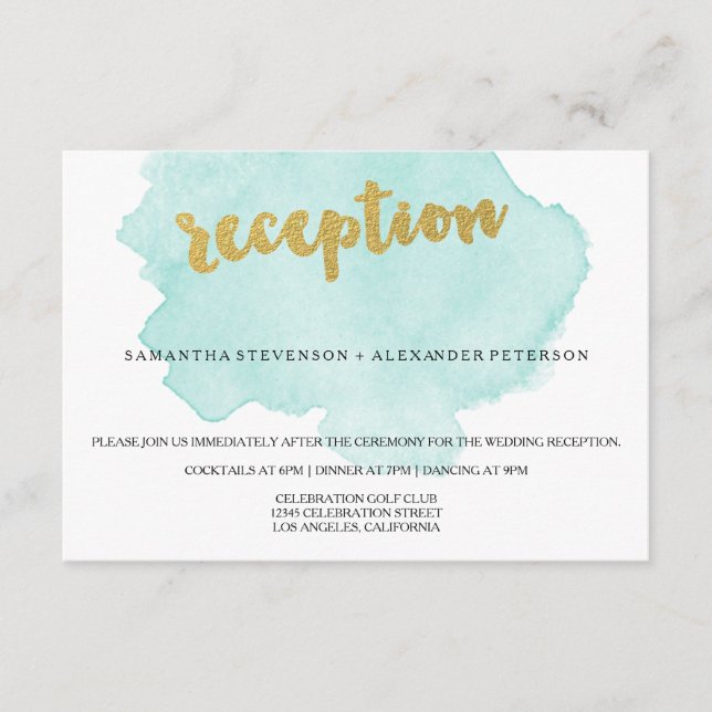Hochzeitsempfang mit Aquamarinem Wasser und Gold Begleitkarte (Vorderseite)