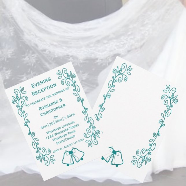 Hochzeitsempfang mit aquamarinen Glocken Einladung (Teal bells scrollwork wedding reception invitation)