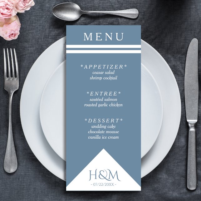 Hochzeitsempfang mit dunkelblauem geometrischem St Menükarte (dusty blue wedding menu)