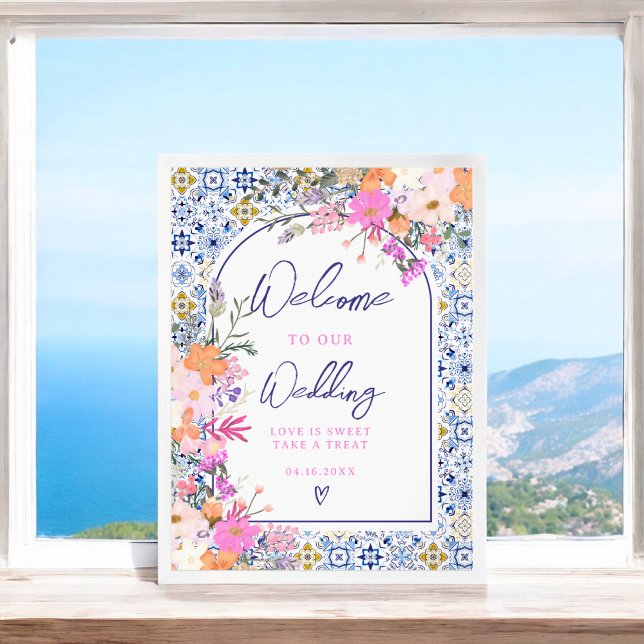 Hochzeitsempfang mit italienischem blauen Kacheln Poster (Italian blue tile floral chic wedding welcome poster)