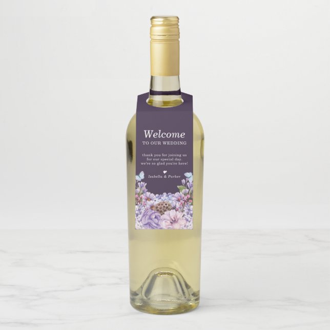 Hochzeitsempfang mit Lila Wasserfarbe Flaschenanhänger (Auf Flasche)