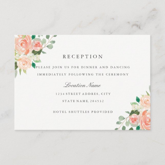Hochzeitsempfang mit Peach Blush Wassercolor Begleitkarte (Vorderseite)