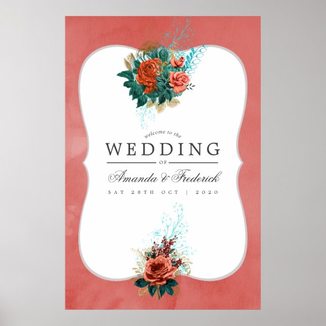 Hochzeitsempfang mit Türkis und Korallenflora Poster (Vorne)