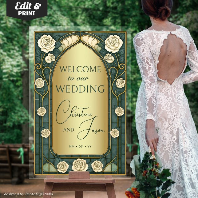 Hochzeitsempfang mit vergoldetem Glas Acrylschild (Gold Sage Stained Glass Floral Wedding Welcome Acrylic Art Nouveau Sign )