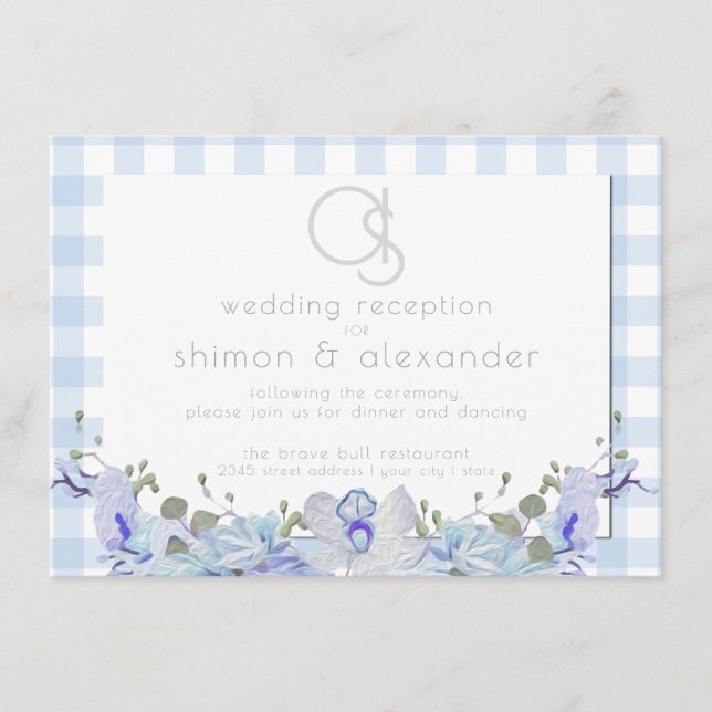 Hochzeitsempfang | Monogram Blue Gingham Begleitkarte (Vorderseite)