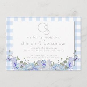 Hochzeitsempfang   Monogram Blue Gingham Begleitkarte