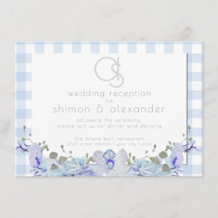 Hochzeitsempfang Monogramm Blau Gingham Begleitkarte
