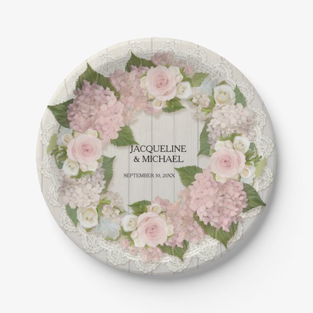 Hochzeitsempfang Pink Hydrangea Rose Spitzen in Ho Pappteller (Vorderseite)