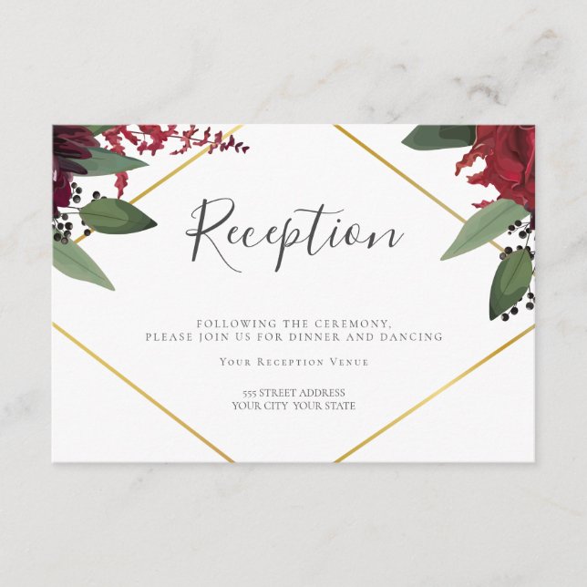 Hochzeitsempfang | Rich Burgundy Marsala Floral Begleitkarte (Vorderseite)
