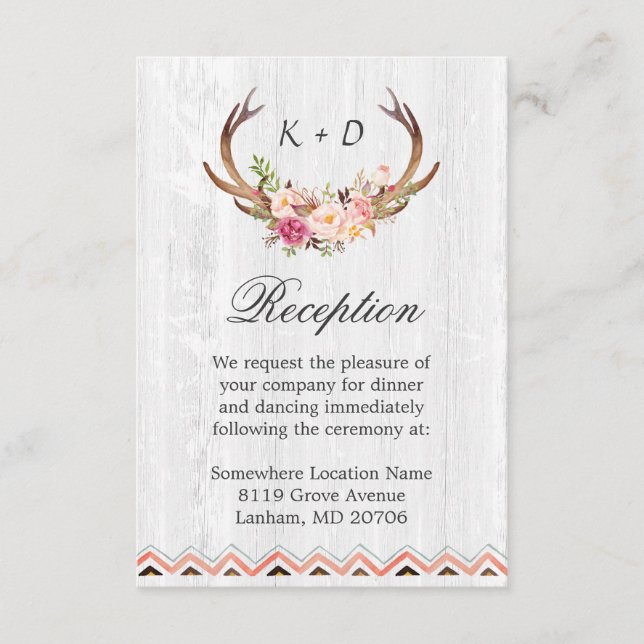 Hochzeitsempfang rustikale antler Wood Boho Dekora Begleitkarte (Vorderseite)