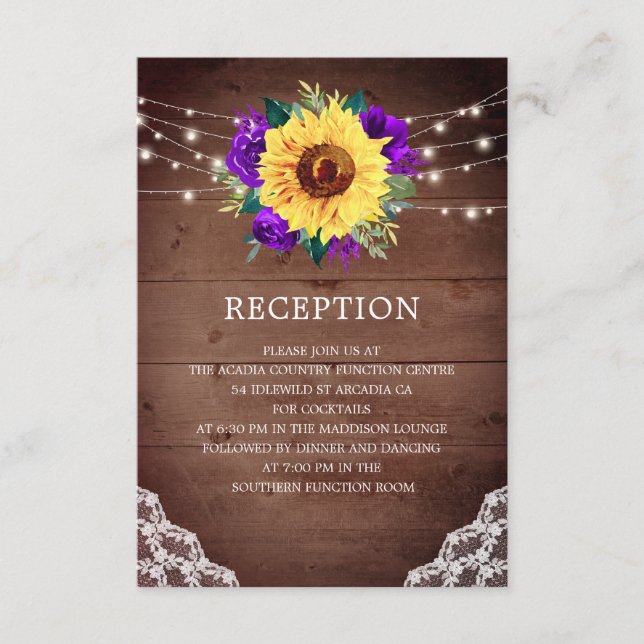 Hochzeitsempfang Sonnenblume Lila Rose Spitze Begleitkarte (Vorderseite)