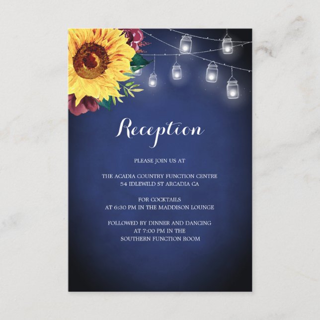 Hochzeitsempfang Sonnenblumen Navy Blumen Jar Ligh Begleitkarte (Vorderseite)