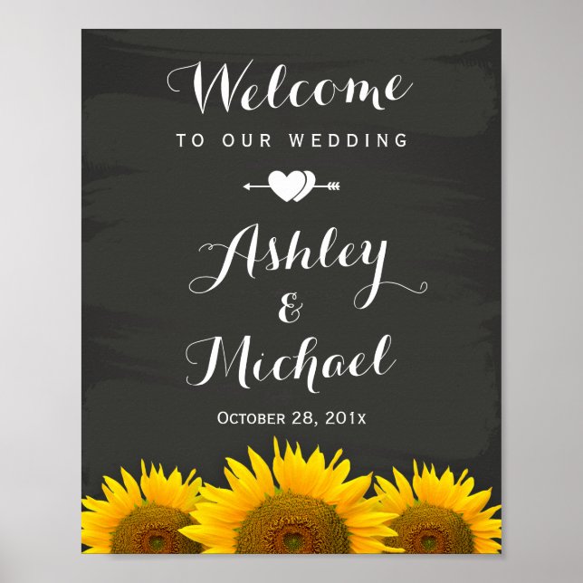 Hochzeitsempfang Untere Herz Sonnenblumen Chalkboa Poster (Vorne)