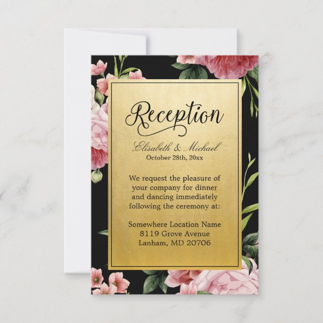 Hochzeitsempfang Vintage Schwarz-Gold-Blüte Einladung (Vorderseite)