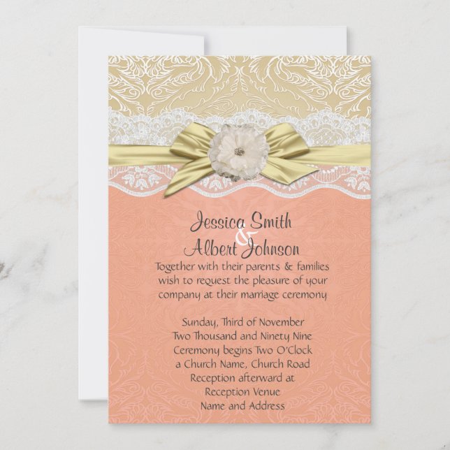 Hochzeitsempfang von Lace Ribbon Gold/Coral Damask Einladung (Vorderseite)