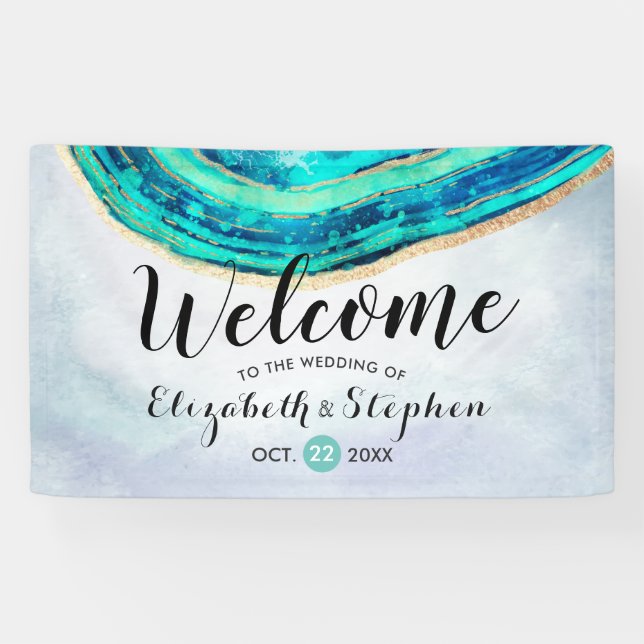 Hochzeitsempfang Wasserfarbe Aquamarin & Gold Agat Banner (Horizontal)