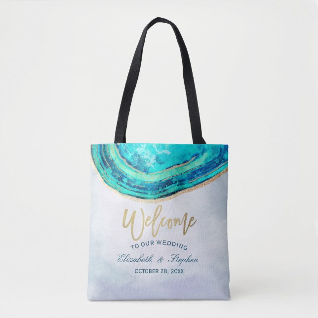 Hochzeitsempfang Wasserfarbe Aquamarin & Gold Agat Tasche (Vorderseite)