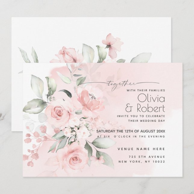 Hochzeitsempfang | Wispy Pink Hütte Rose Einladung (Vorne/Hinten)