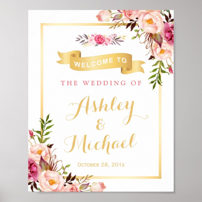 Hochzeitsempfang Zeichen Eleganter Chic Floral Gol Poster (Vorne)